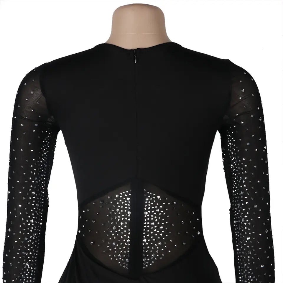 Statement mesh outfit with sparkle and asymmetrical details