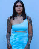 Front view of The Milan Dress in baby blue on model
