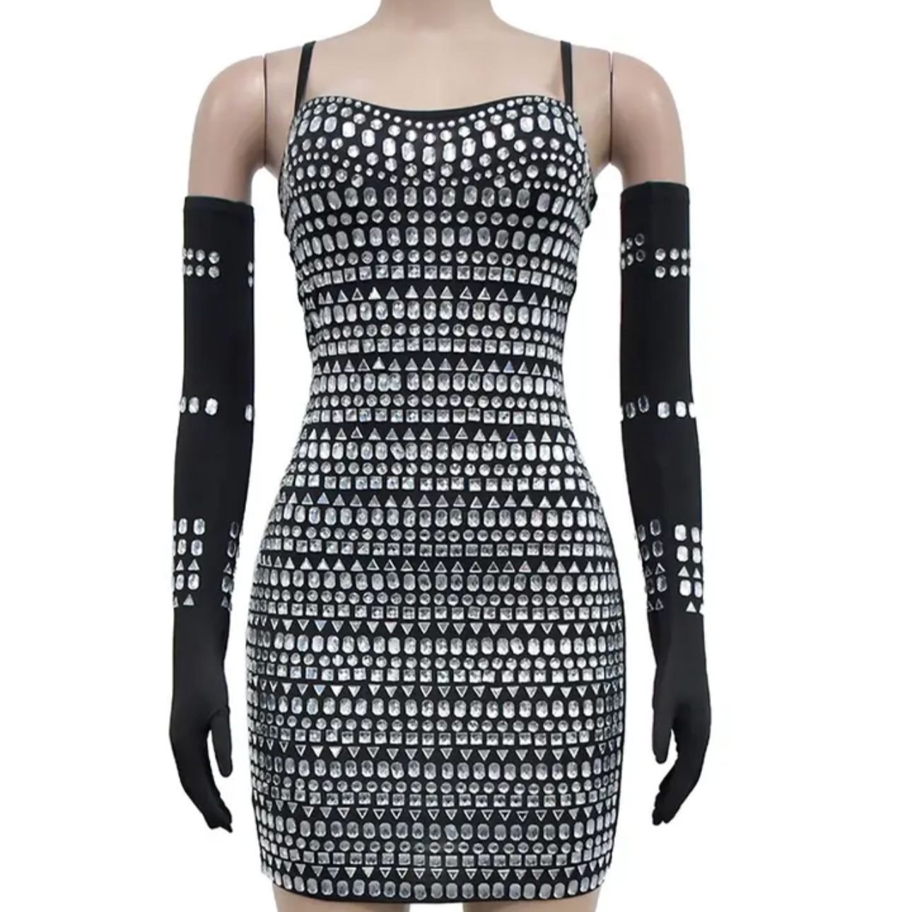 Black bandage bodycon dress with diamond embellishments and matching gloves, styled for evening events or luxury rental