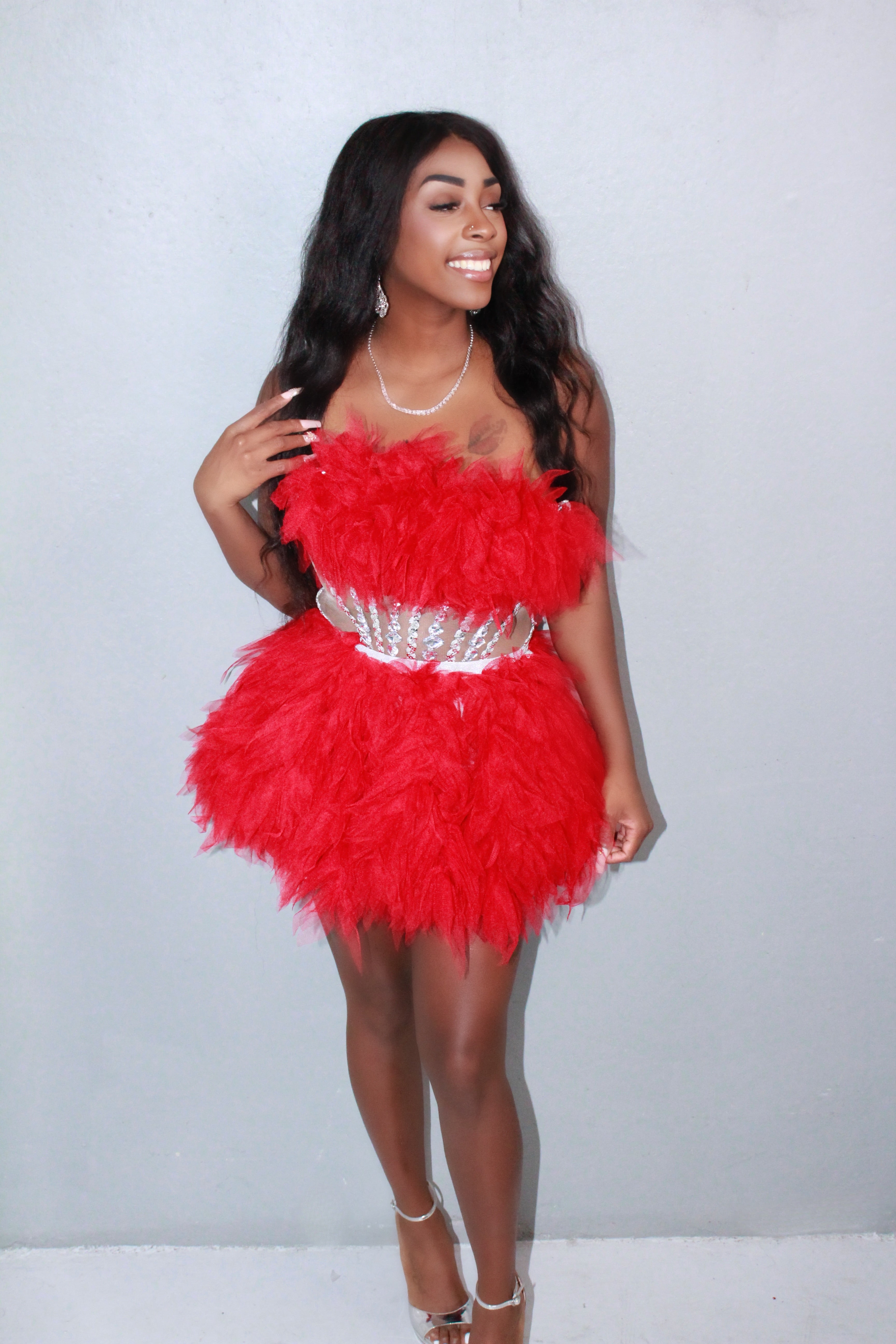 Model in YOLANDA corset and tutu skirt front view