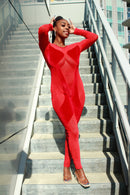 Carmen red satin and mesh bodysuit with illusion cut-outs