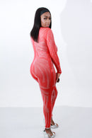 Side view showing skinny leg fit and beaded mesh
