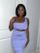 Lilac version of The Milan Dress showcasing side cutout