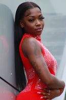 Close-up of diamond beads and sequins on ZENYA dress